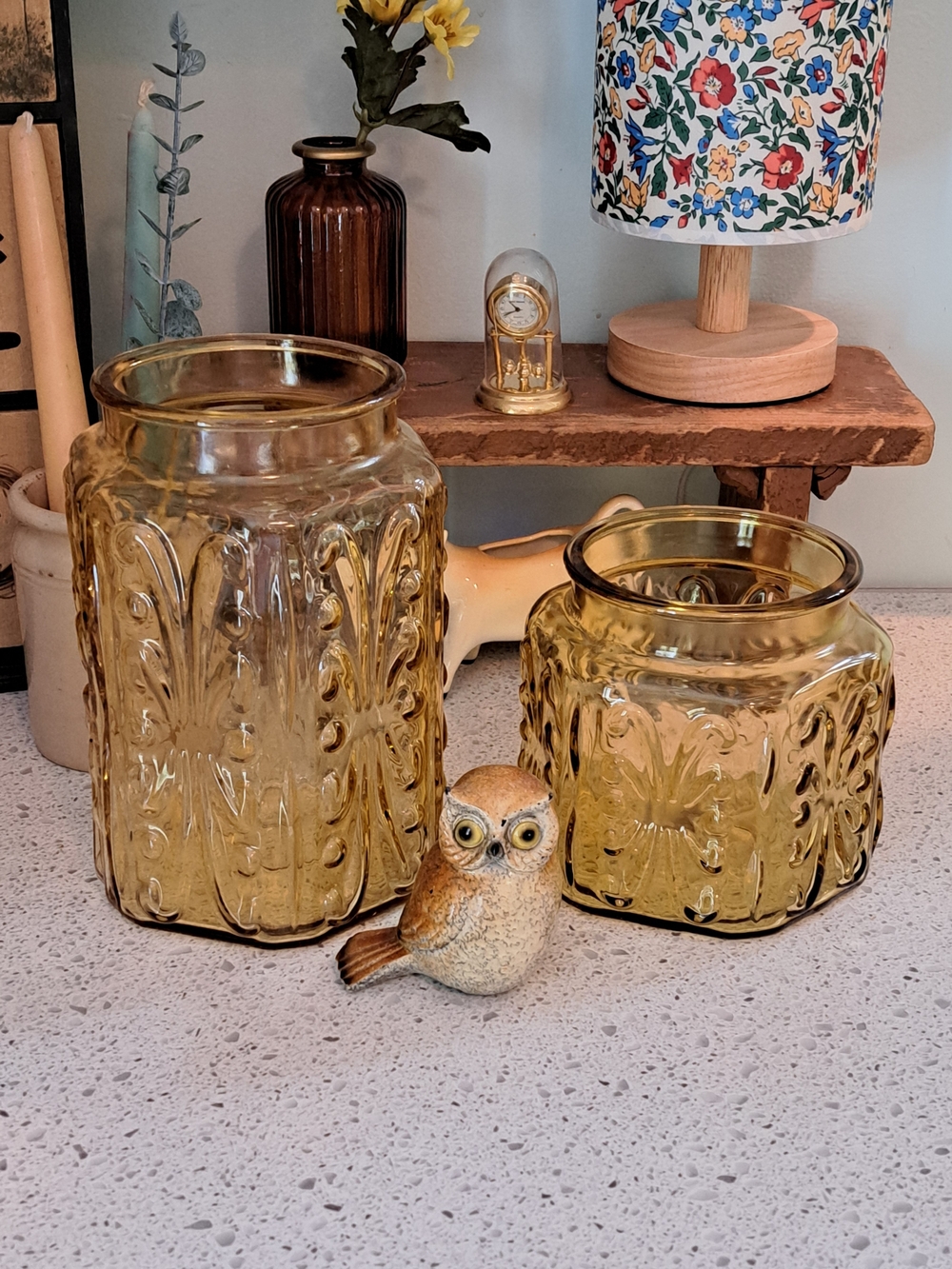 1960 Le Smith Atterbury Scroll Amber Glass Canisters-(No Lids)